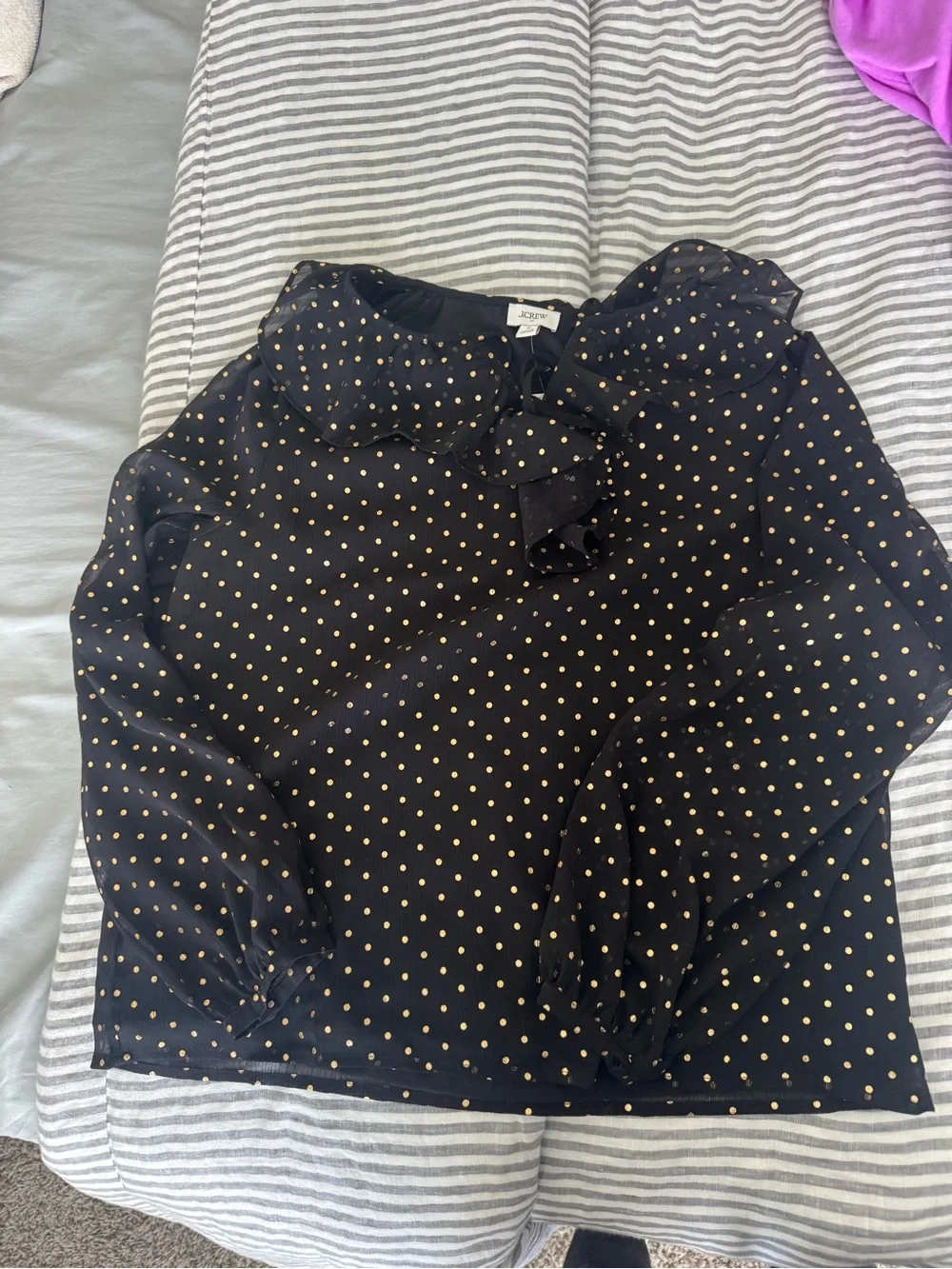 J. Crew Black Blouse with Gold Polka Dots and Ruffle Collar